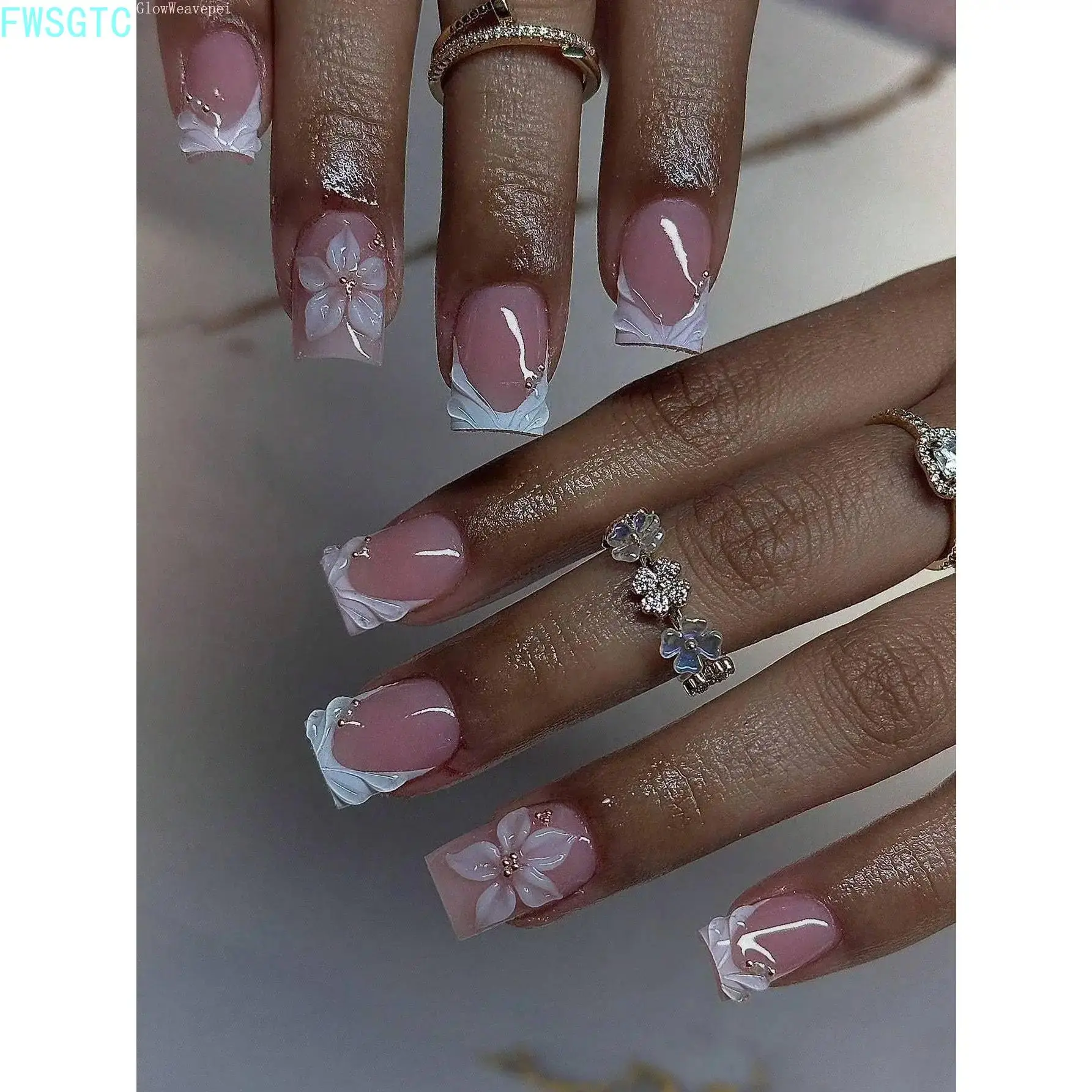 24pcs Short Square French Tip Press On Nails with 3D Embossed Flower & Beads, Glossy Acrylic Nails for Women's Simple Daily Wear, Multicolor, Acrylic Press On Nails