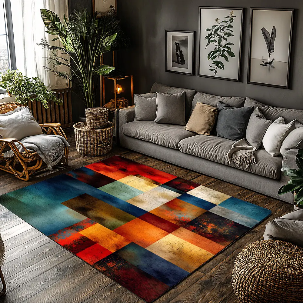 Colorful Geometric Stripe Abstract Flannel Living Room Rug #AbstractGeometricRug #GradientColorBlockMat #FlannelCarpet #ModernIndustrialHomeDecor