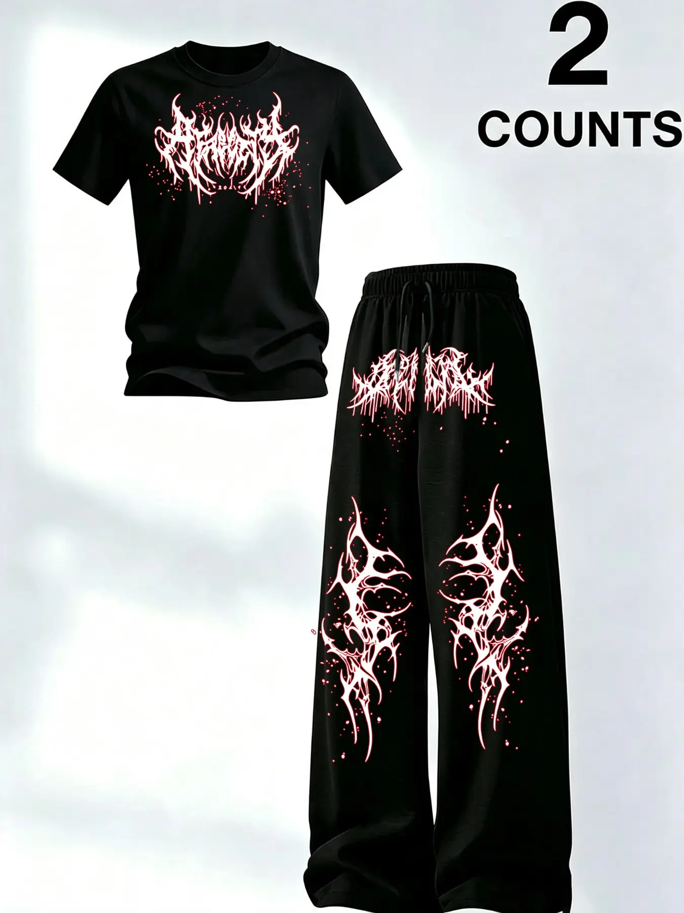 Men's Two-Piece Fashion Casual Set, Gothic Round Neck Print T-Shirt with Drawstring Loose Wide Leg Pants, Summer Home Wear, Versatile T-Shirt and Long Pants, Graphic Tee Set