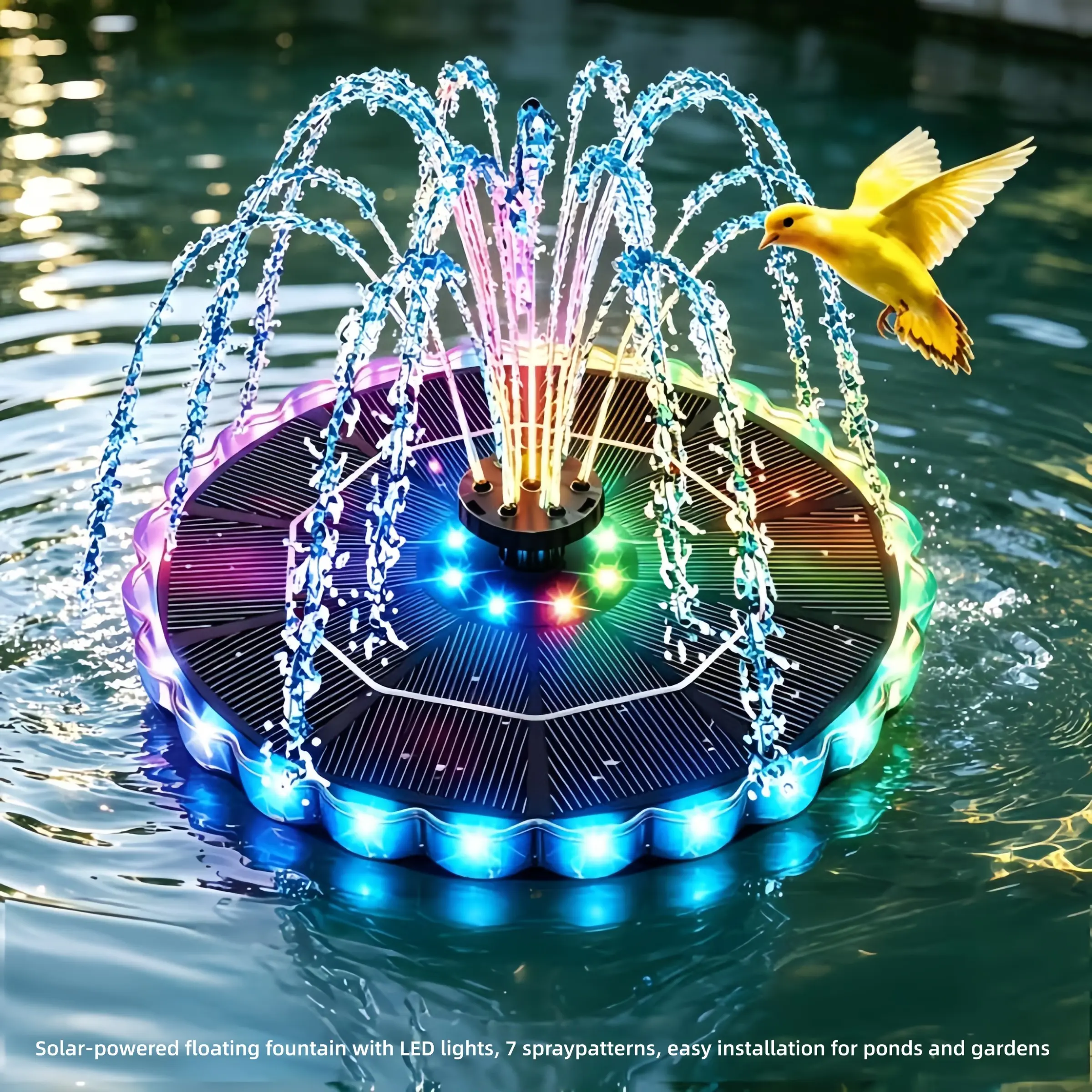 olar Fountain Sprinkler, with Colorful LED Lights, Multi-Nozzle Auto Floating Design, 2026 New Hassle-Free Outdoor Decor Water Toy for Swimming Pool, Fish Pond, Lawn & Backyard Garden, Solar Outdoor Fountain, Solar Powered Fountain