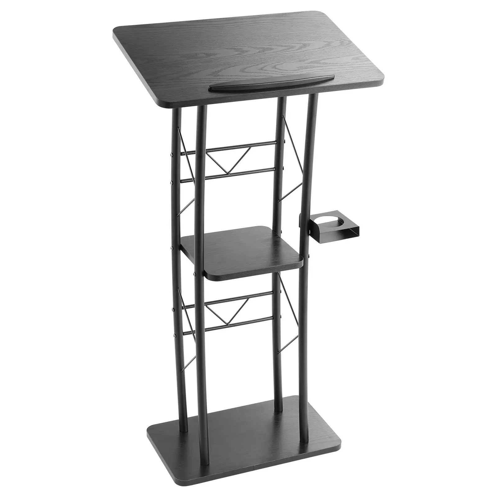 【DealsForYouDays】VEVOR Podium Stand, 47-Inch Metal Lectern, Curved Standing Podium with Wide Reading Surface, Open Storage Compartment, Book Stopper, Cup Holder, for Classroom, Wedding, Conference, Speech, and Concert