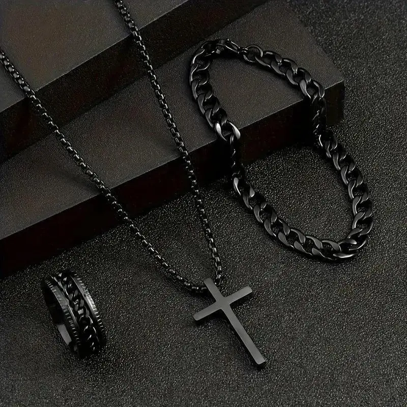 Men's 3-Piece Cuban Link Jewelry Set, Stainless Steel Chain Necklace, Bracelet, and Matching Ring for a Complete Look, Rings