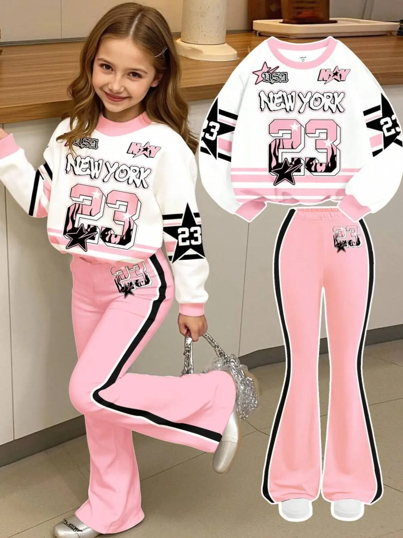 Girls' Baseball Sweatshirt and Bell Bottoms Set, Sweet Cool Style, New York Flame Print, Fall Winter Casual