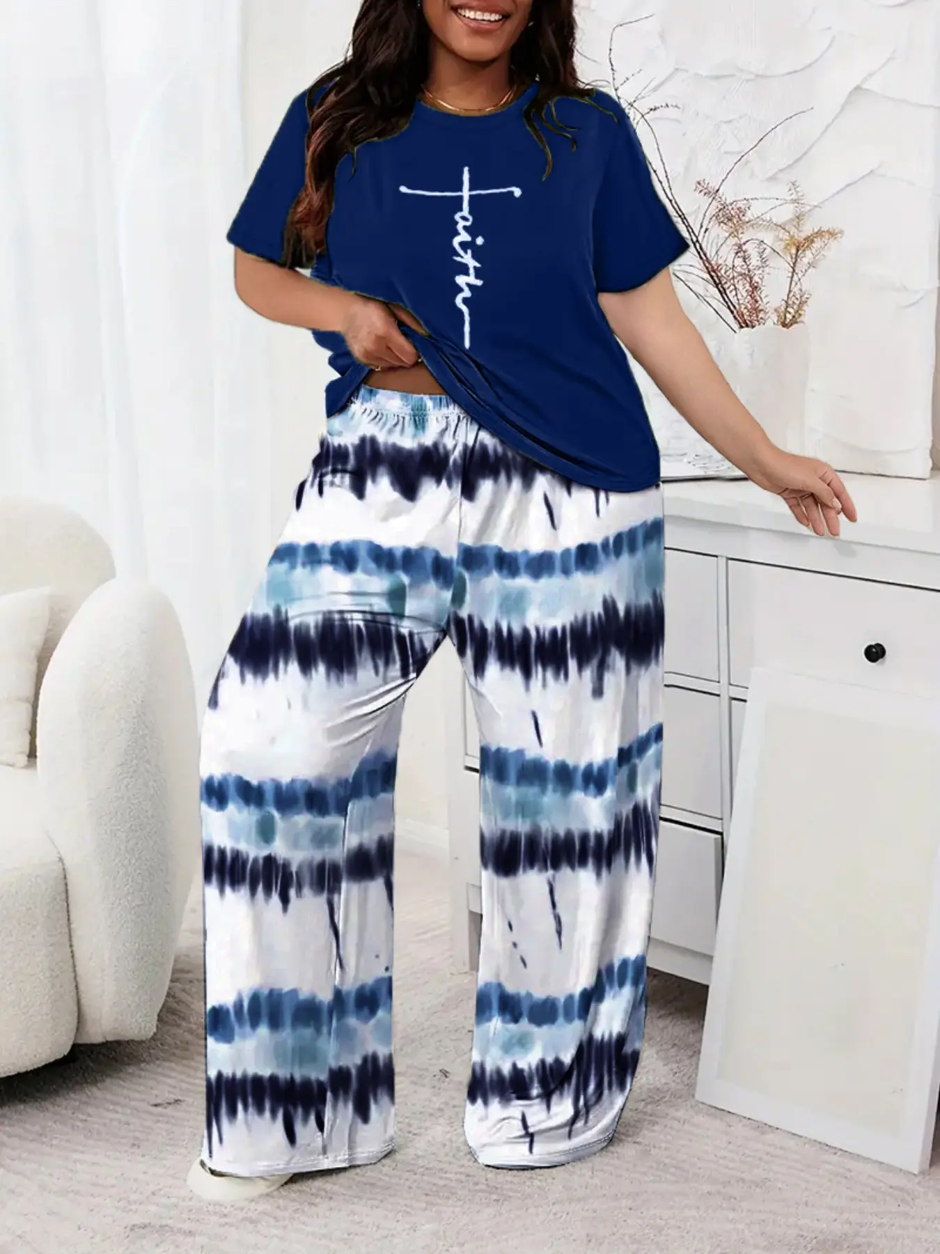 Plus Size Women's Loose Casual Print Tie-Dye Wide Leg Pants Set, Solid Short Sleeve T-Shirt and High Waist Wide Leg Pants, Suitable for Home and Outdoors