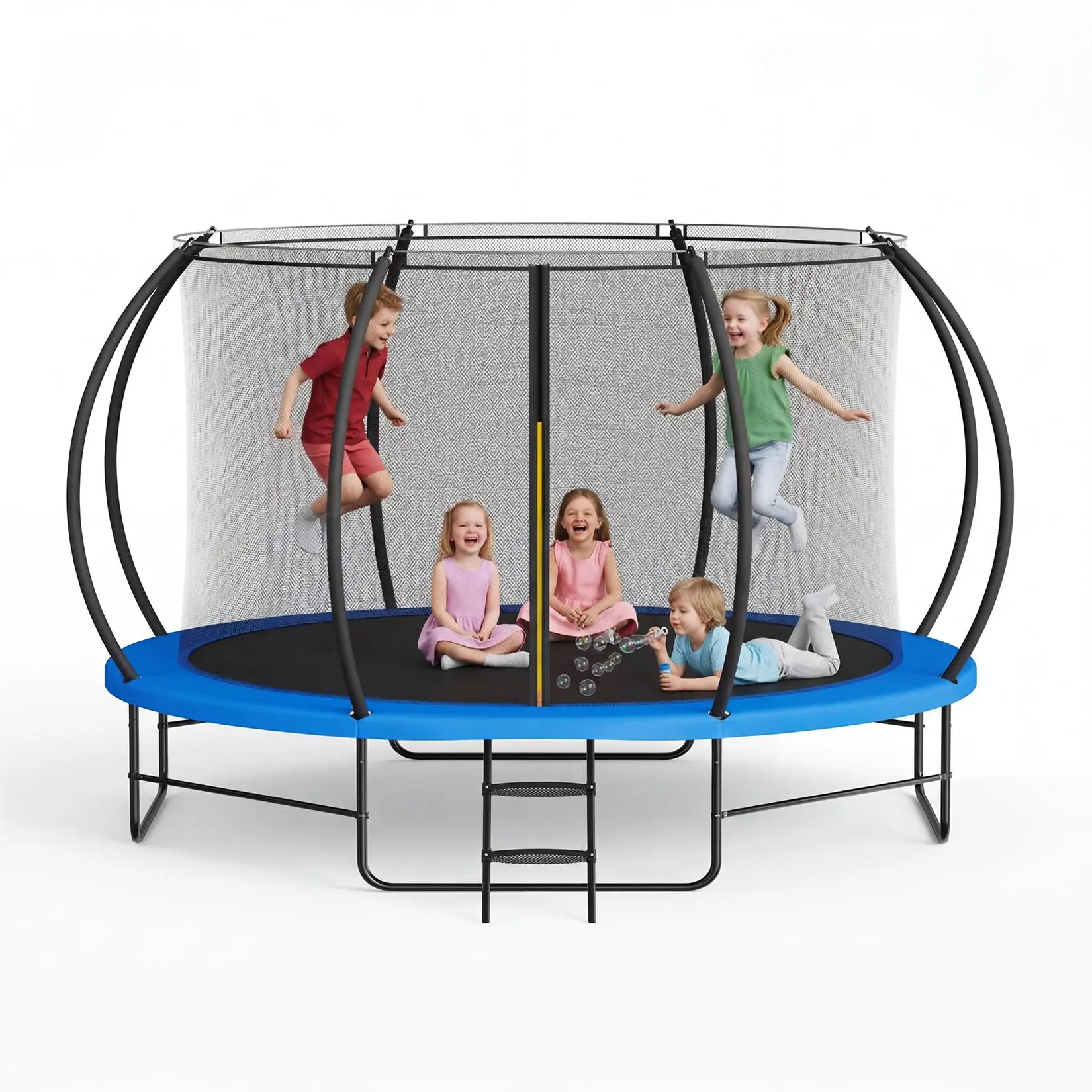 14FT Trampoline with Enclosure, ASTM Approved Outdoor Trampoline for Kids Youth Adults, Heavy Duty Galvanized Steel Frame, Anti-Rust, Ladder Included, Blue