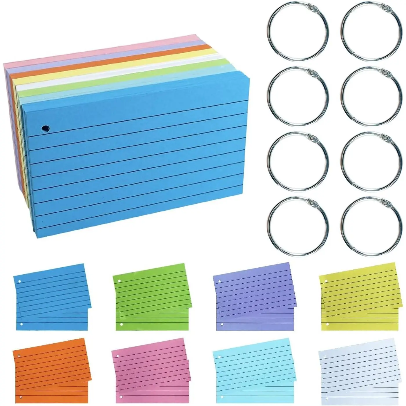 300PCS 3x5 Inch Ruled Index Cards with Rings, 8 Colors Thin Paper Flash Cards, Assorted Lined Colored Note Cards Memo Pad for Office School StudyGift