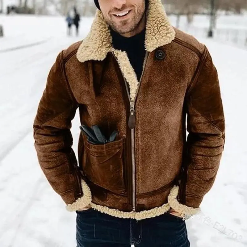 Mens Leather Bomber Jacket Warm Piolt Winter Shearling Jackets Aviator Coat