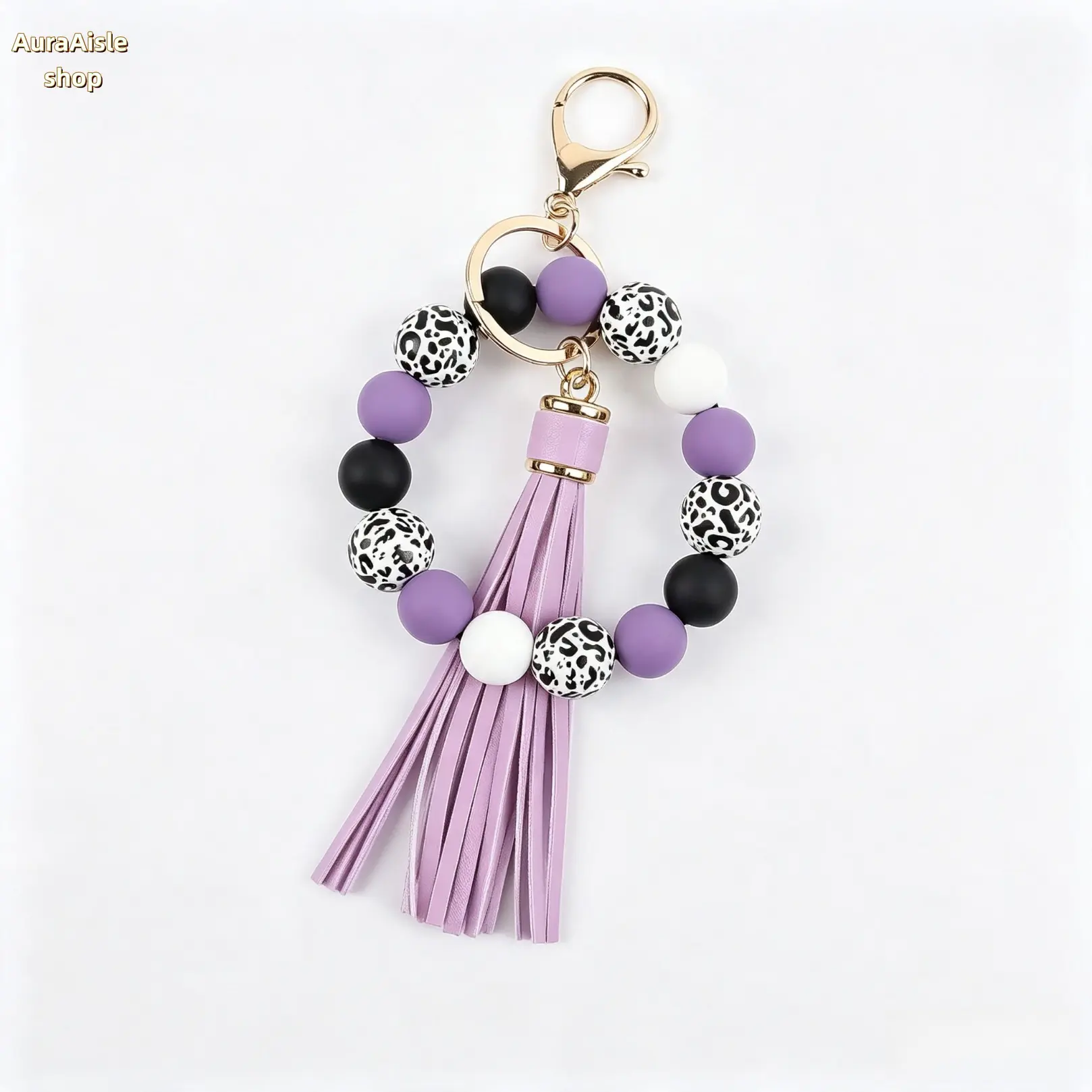 Women Leopard Print Keychain Bracelet, Wooden Bead Silicone Wrist Charm, Casual Tassel Key Ring, All‑Season Daily Bag Accessory, Stylish Beaded Pendant For Handbag & Car Key Decoration