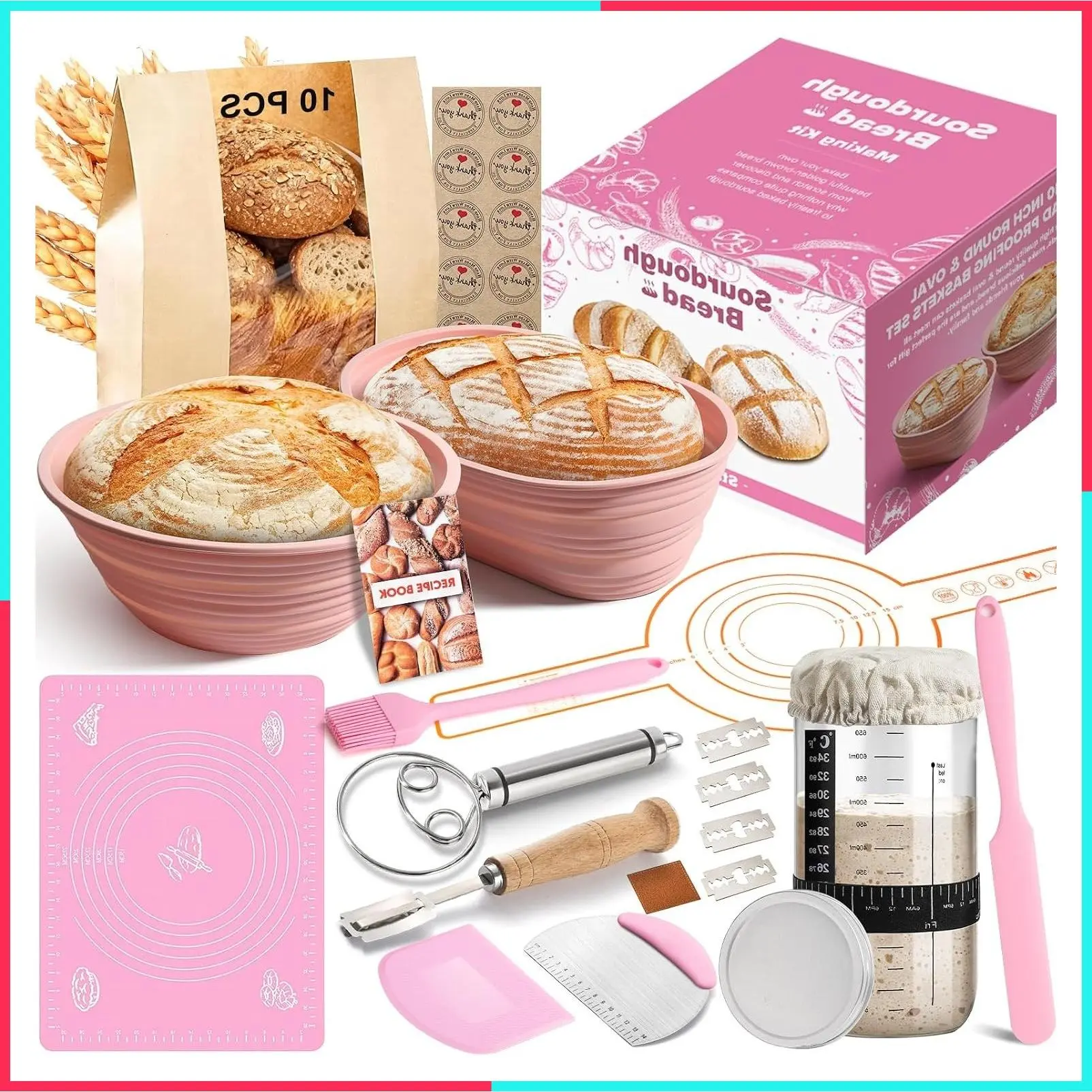 Sourdough Starter Kit, 15 Pcs Sourdough Bread Baking Supplies for Beginners with 24 Oz Glass Starter Jar, Complete Bread Making Set with Silicone Banneton Proofing Basket, Baking Accessory