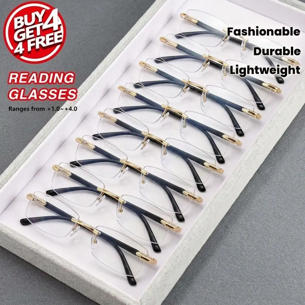 8pcs Frameless Rimless Reading Glasses for Men, Trim, Lightweight Rectangular HD Presbyopia Readers, Daily & Business Wear, High Definition Glasses