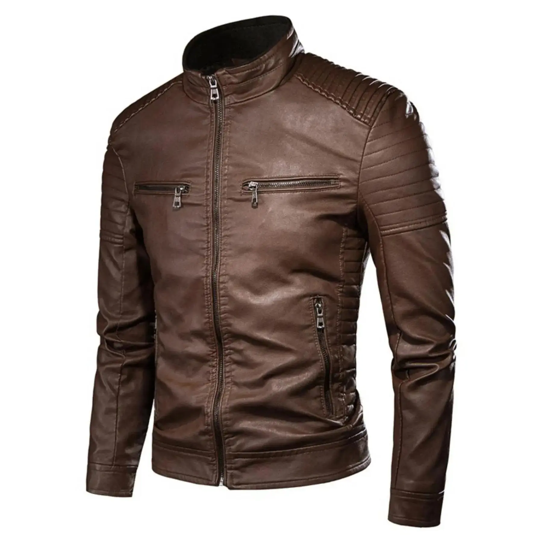 Men's Regular Fit Solid Pocket Zipper PU Faux Leather Casual Fashionable Jacket with Pockets Coats, Casual Long Sleeve Stand Collar Outerwear for Fall & Winter, Faux Leather Jackets, Men's Clothes for Daily Wear