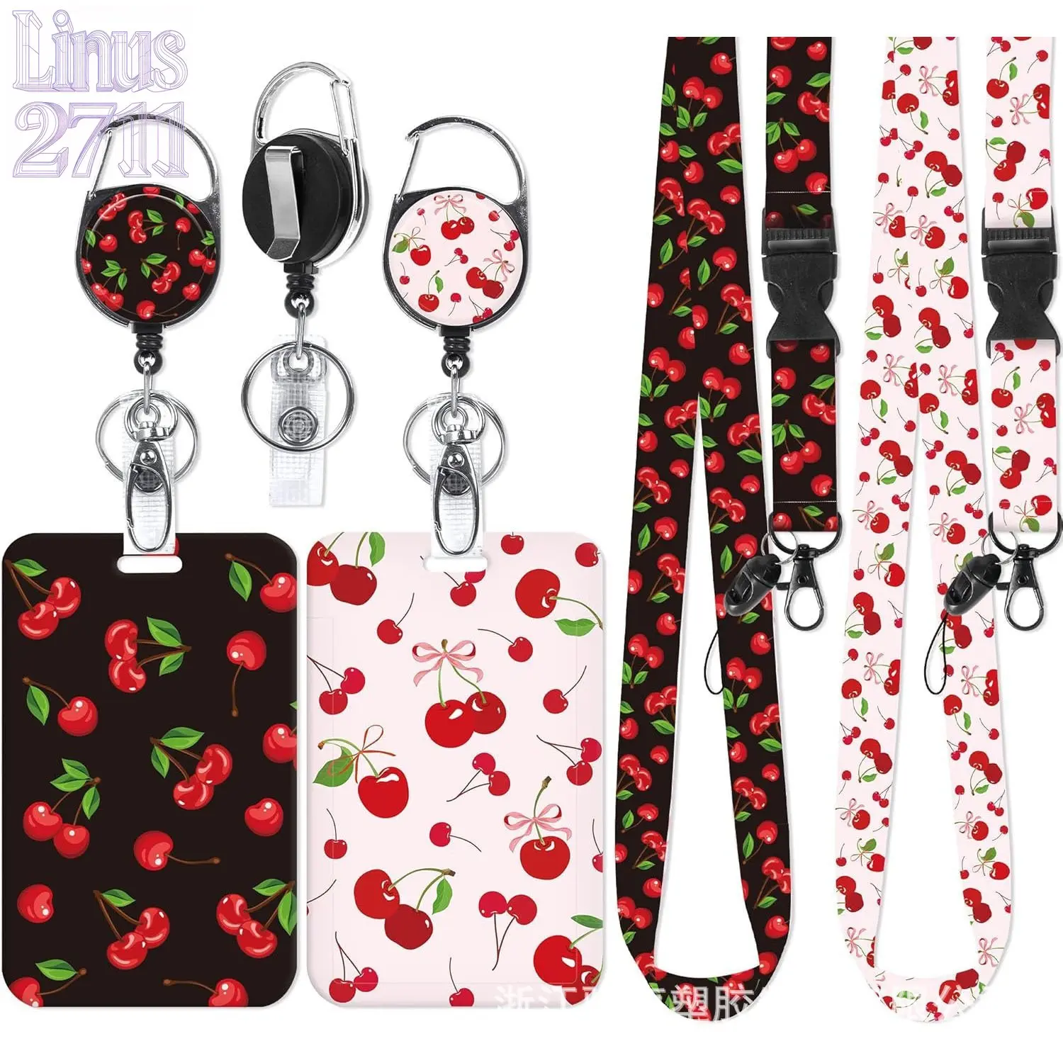 Cute Cherry Bow Print ID Badge Holder Lanyard Set, Detachable Breakaway Neck Lanyard with Retractable Badge Reel, Double Pattern Card Protector, Fashion Name Tag Card Sleeve, Anti-lost Credential Cover for Student ID, Staff Work Card, Bus Pass, Access Con