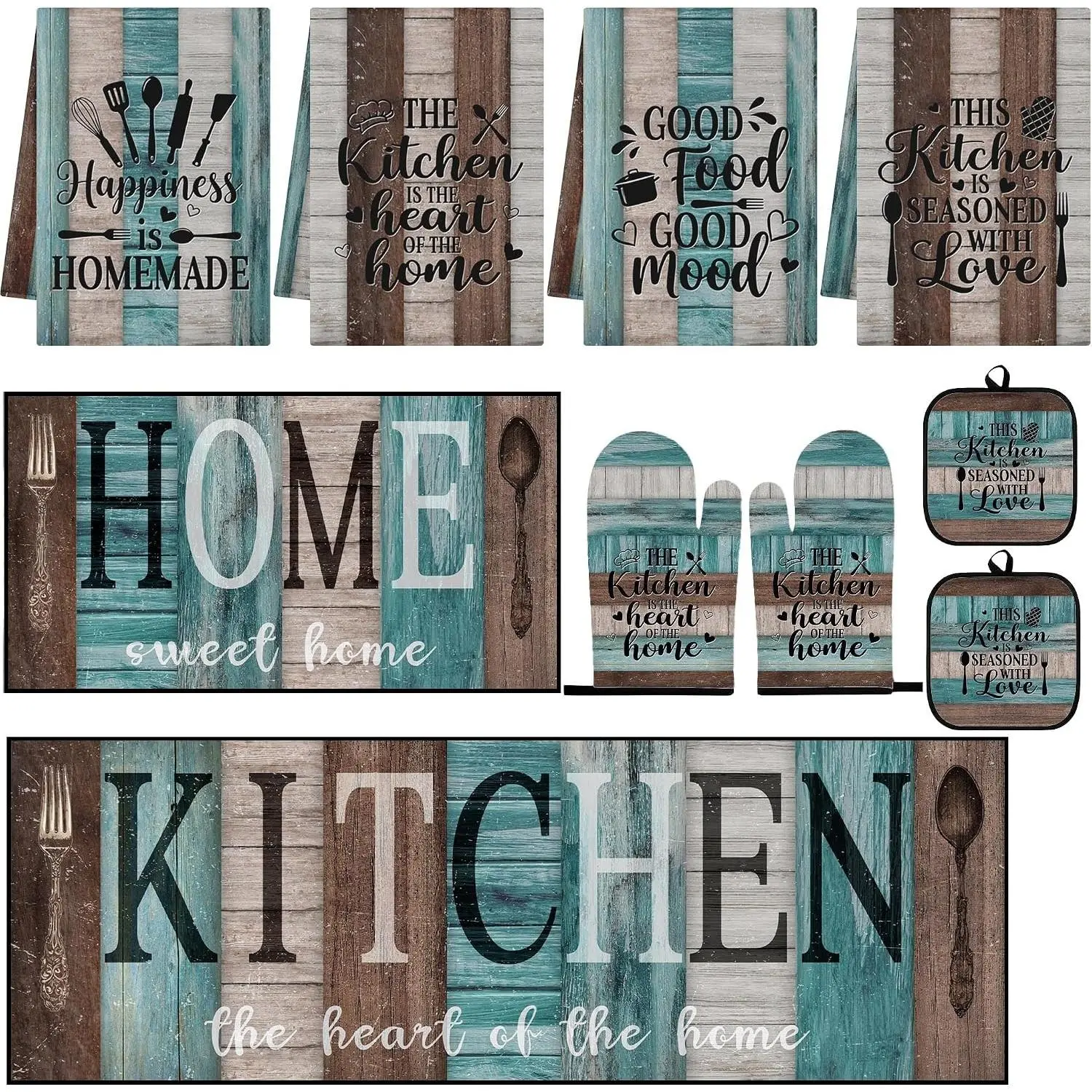 10 Pcs Thermal Rustic Turquoise Teal Fabric Decor Set - 4 Dish Towels, 1 Kitchen Rug, 2 Oven Mitts, 2 Pot Holders - Cozy Cooking Decor for Mom Housewarming Gifts