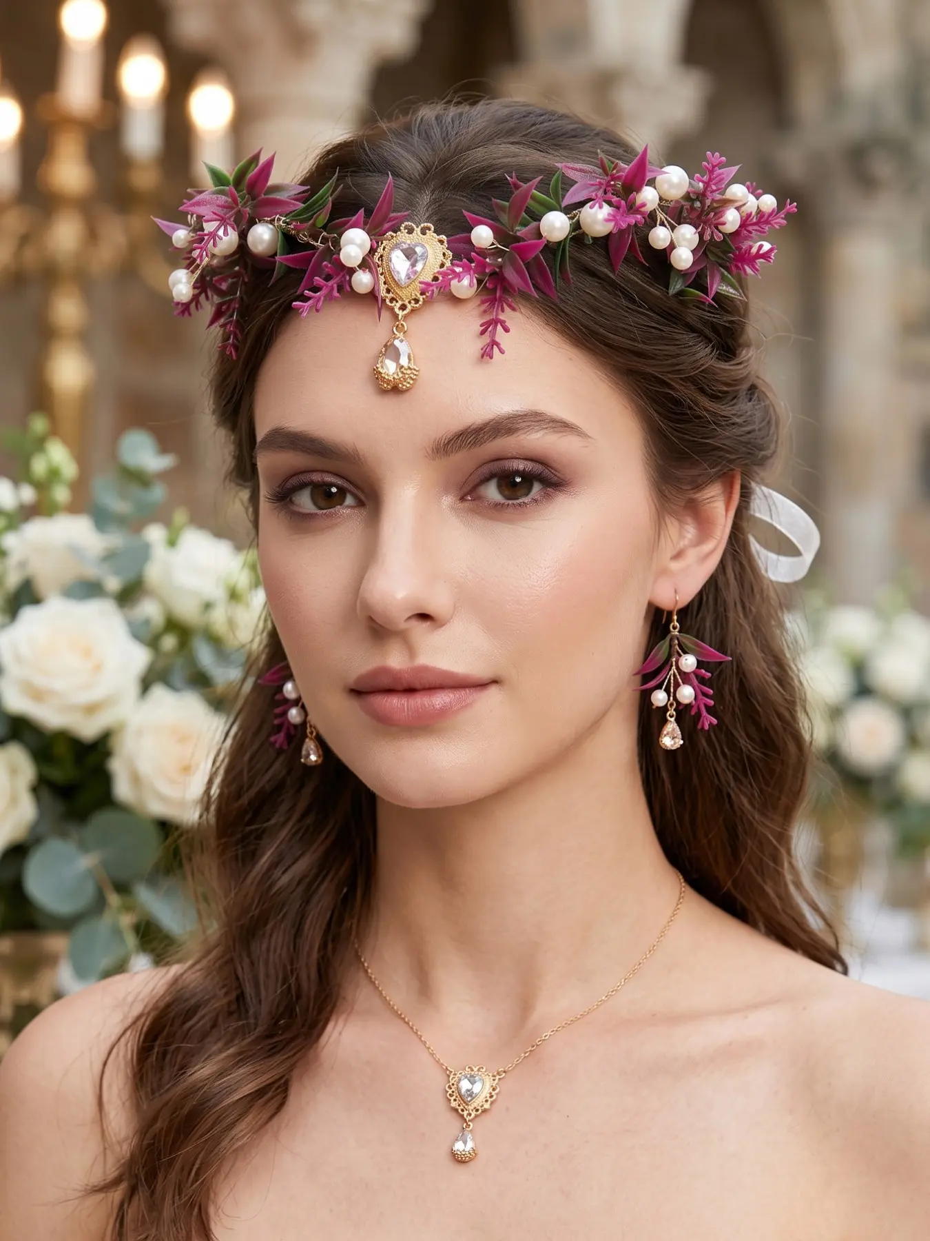 Bridal Wedding Headband with Artificial Pearls, Elegant Grass Flower Design, Adjustable Strap for Travel & Photoshoots