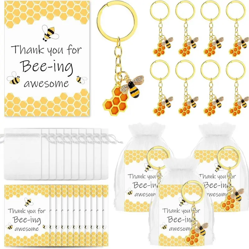 Cute Bee PVC Keychain Gift Set with Thank You Tags, Keychain Kawaii, Animals Keychain Decor, Festival Party Favors, Back to School Gifts, Decor Souvenirs for Birthday & Baby Shower