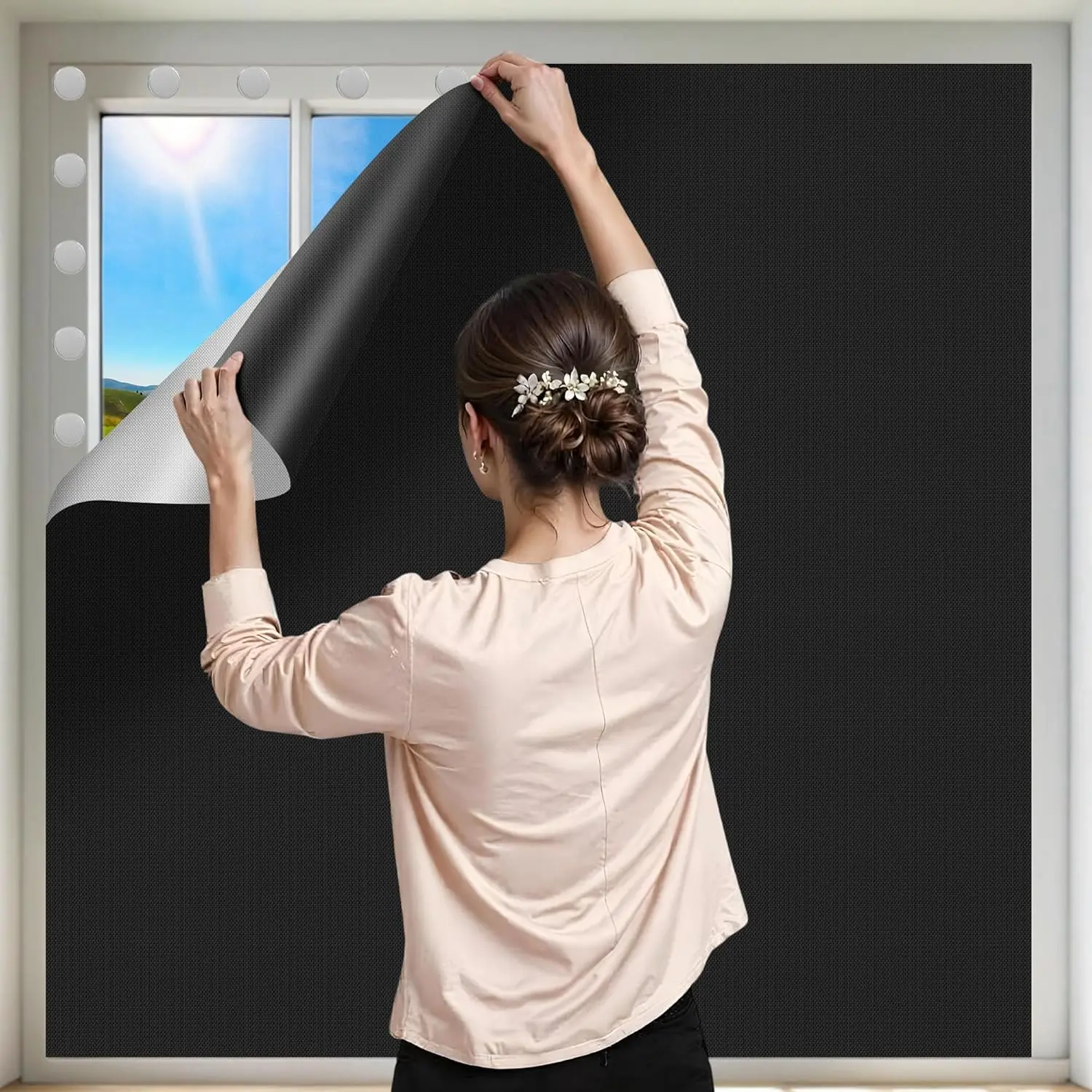 Modern Synthetic Fiber Blackout Window Cover, Portable Adhesive No-Drill Thermal Temporary Shades for Bedroom/Travel, 40x57 in Guard Blinds for RV Kitchen, Darkness Focus