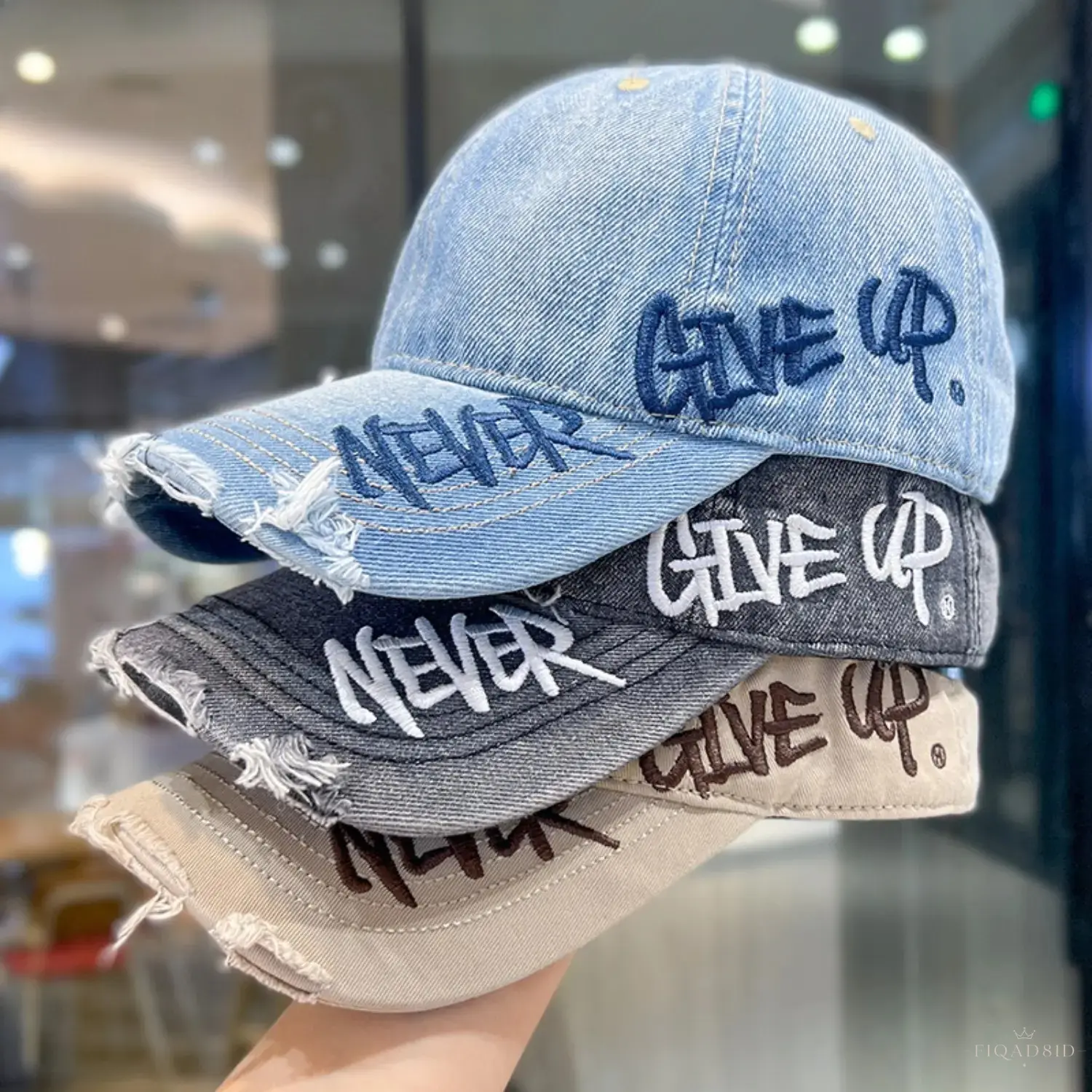 Unisex Distressed Baseball Cap, Never Give Up Letter Embroidery Washed Cotton Hat, Adjustable Strap, Frayed Brim Design, Sun‑Shading Casual Headwear For Street‑wear, Outdoor Sports, Daily Outings And Back‑to‑school Styling