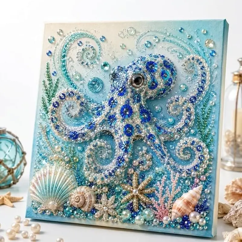 Ocean Theme Pearl Art DIY Crafting Kit, Octopus DIY Pearl Painting Kit, Ocean Diamond Art for Adults & Beginners, Sparkling Coastal Wall Decor