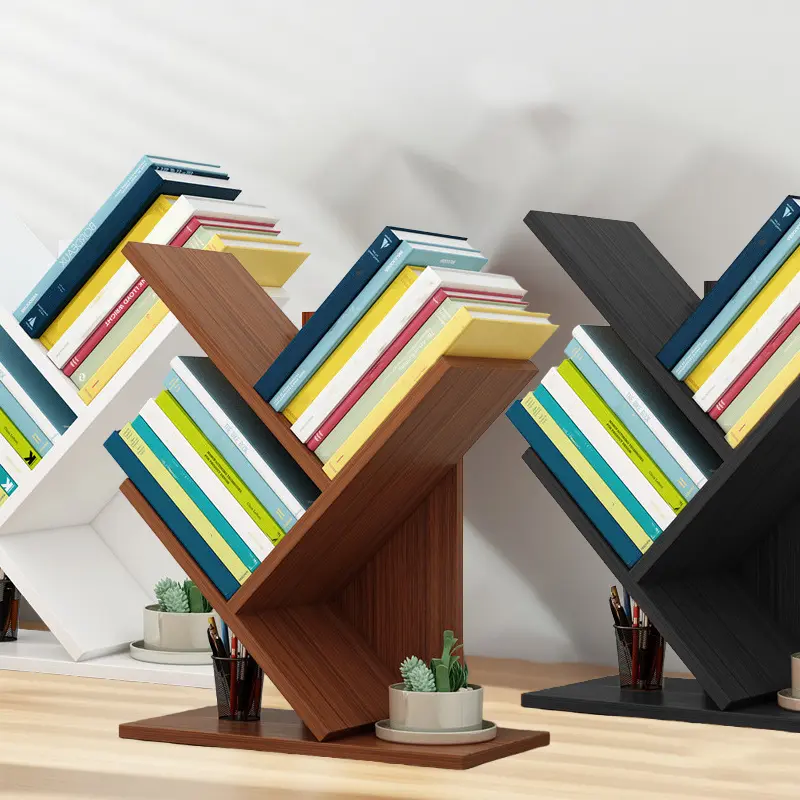 Tree-shaped bookshelf, a three-layer wooden small bookshelf, mini bookshelf, suitable for office decor, home or school desks, a wooden storage rack for displaying books, CDs and magazines