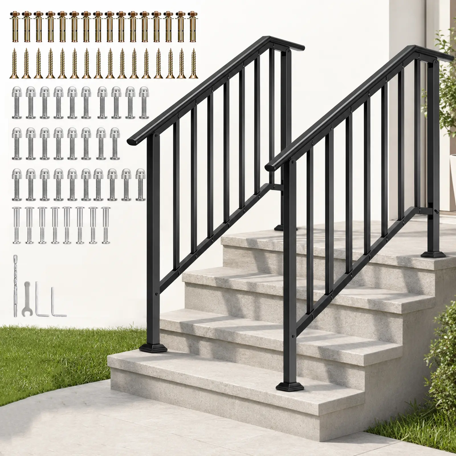 2-Pack Black Steel Handrail Set - Outdoor Safety Railings for 4-Step Porch Deck Steps