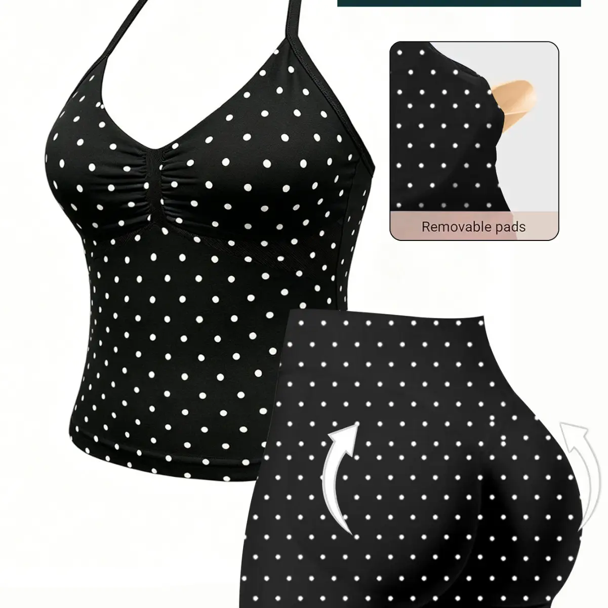 Polka Dot Halter Neck Top and Butt-Lifting Shorts Yoga Fitness Sportswear Set