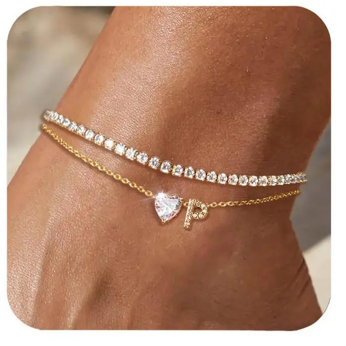14K Gold Plated Anklet Bracelets Set, 2Pcs Inlaid Shiny Heart Cubic Zirconia Pendant Ankle Chain Dainty Layered Initial Letter A-Z Waterproof Tennis Anklets Beach Foot Jewelry Vacation Travel Beach Bracelet