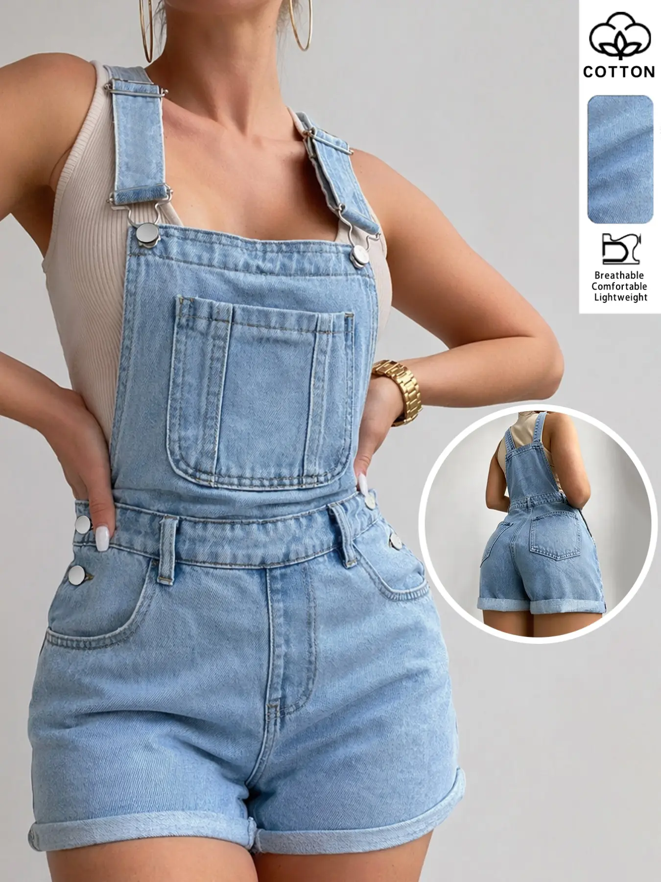 Summer Breathable Cotton Light Wash Denim Overalls Bib Shorts, Rolled Hem Loose Fit, Casual Short Pants for Camping and Vacation, Youthful Everyday Wear