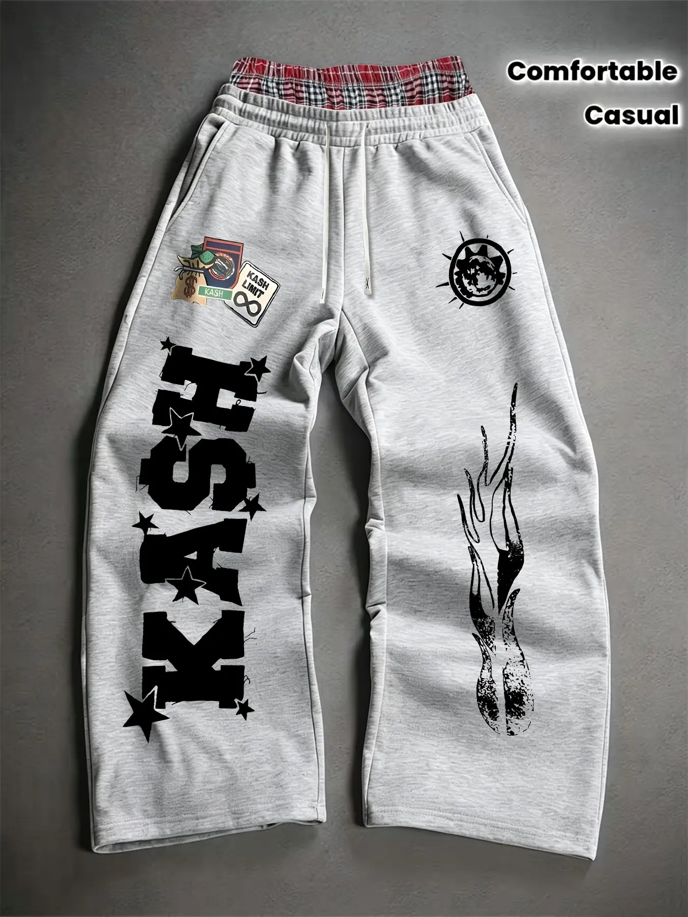 Double Layer Colorblock Waist Wide Leg Sweatpants Bottoms, Kash Star Letter Sticker Print, Vintage Flame Sun Totem Print, Drawstring Elastic Waist