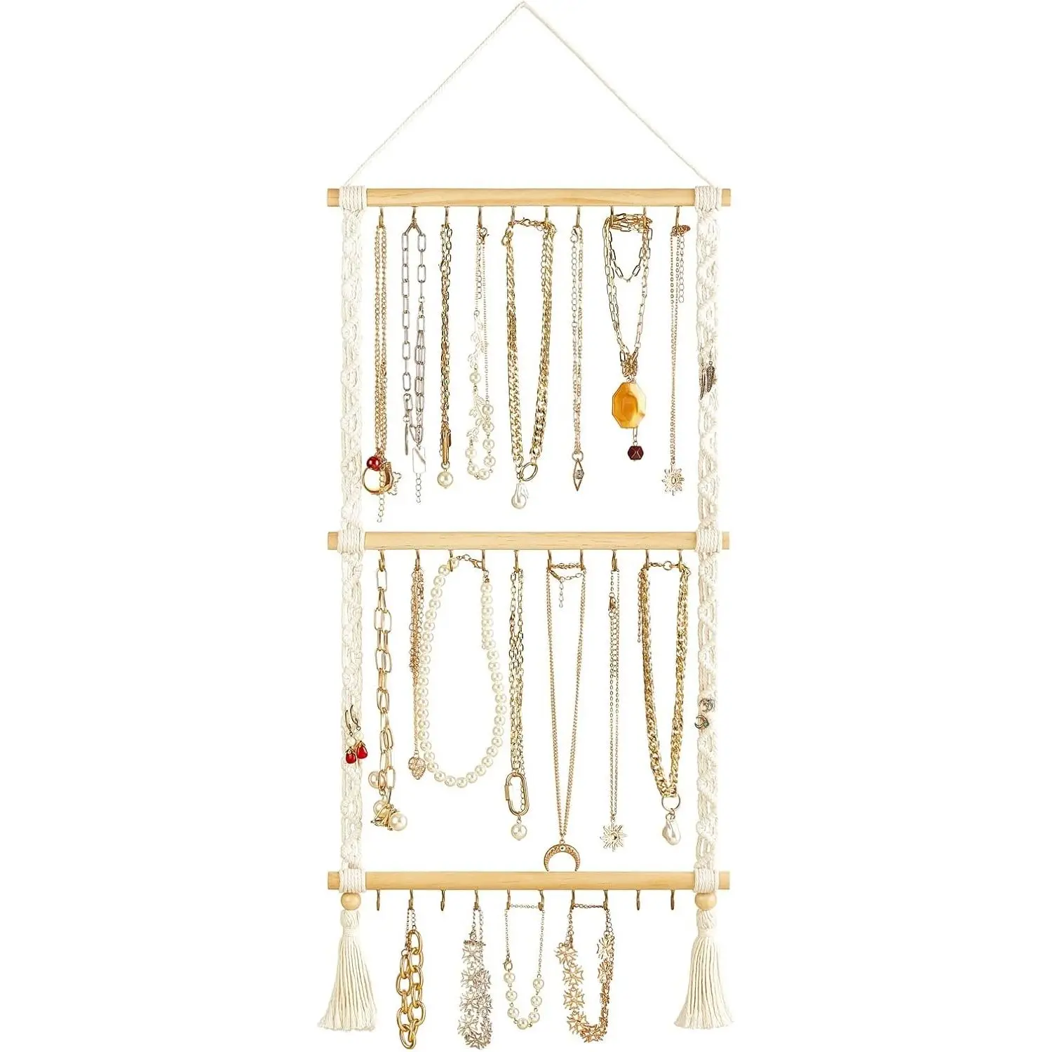 Dahey Hanging Jewelry Organizer Macrame Necklace Holder with 30 Hooks Wall Mounted Jewelry Hanger Over Door Necklace Rack with Tassel for Necklace Bracelet Earring Headband Bow Organizer