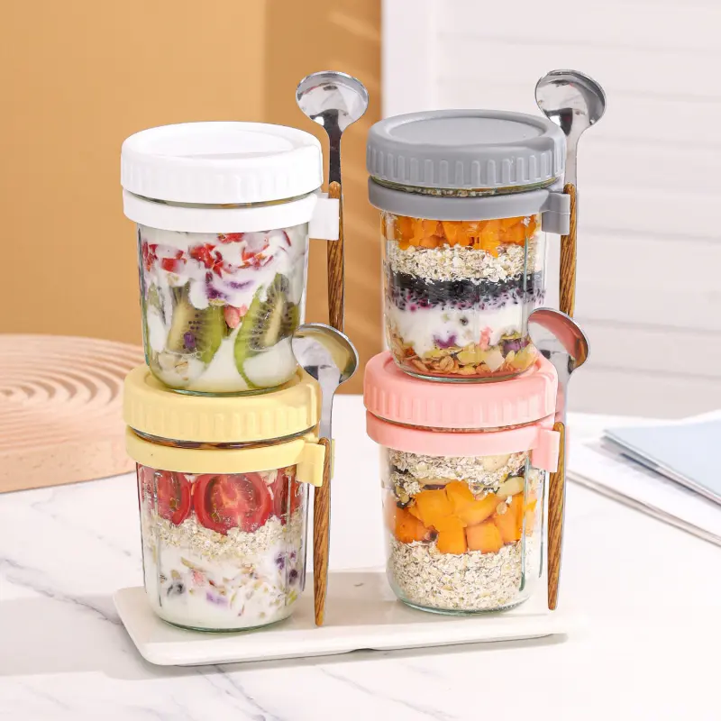 4-Pack Glass Food Storage Jars Stackable Airtight Containers Detachable Mason Jars for Kitchen Storage Overnight Oats Chia Pudding