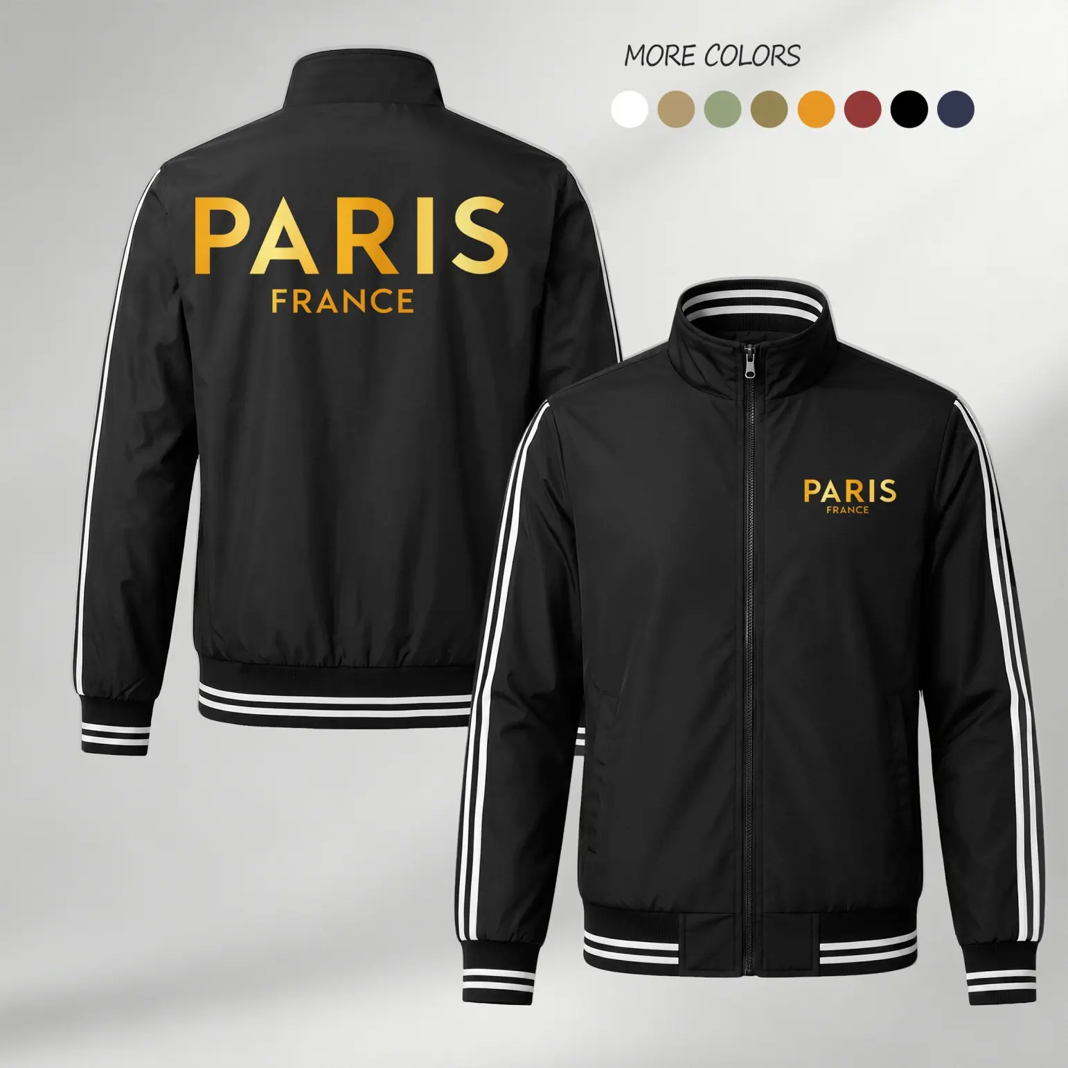 Men’s Collared Zip-Up Lightweight Track Jacket - Paris France Inspired, Stand Collar, Front Chest & Back Bold Text, Sporty Chic Casual Outerwear for Spring Fall Daily Wear (Bold Graphic and Text, Casual Graphic, Collared Zip-Up Men’s Lightweight Jackets)