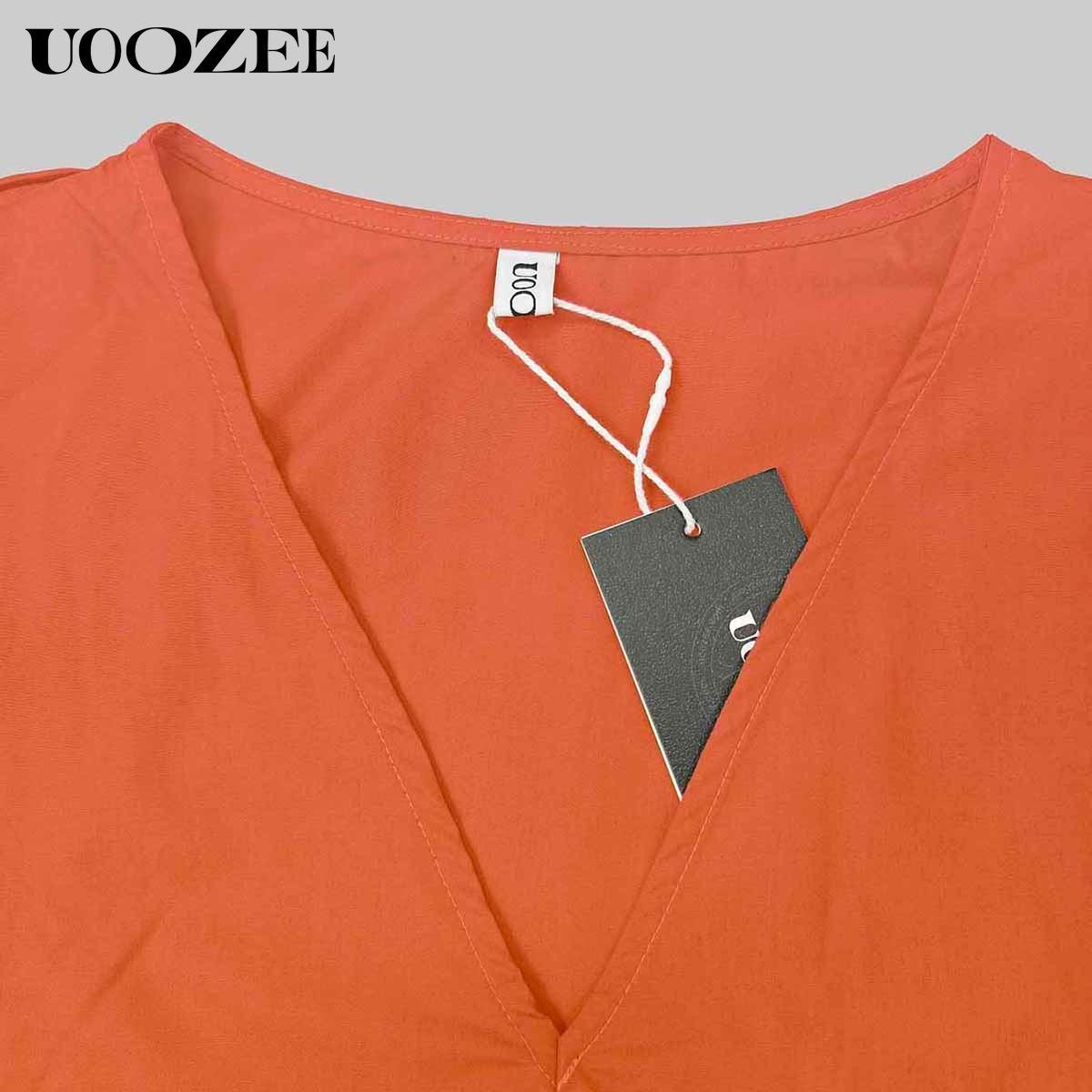 UOOZEE Women's Bright Chic Loose Short Sleeve Pleated Pocket Solid Color Slit V-Neck Maxi Dress Summer Casual Basic Cotton Blend Machine Washable Holiday Dress Womenswear Minimalist (Size is one size larger, it is recommended to order one size smaller)