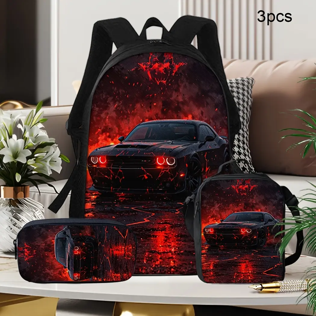 Unisex Polyester 3-Piece Coordinated Black Muscle Car Backpack Set for Kids - Red Lava Lightning Racing School Bookbag with Lunch Bag, Pencil Case, Night Drive Travel Daypack, Back to School Gift, Bag Set, Kids/Teens, Kids Backpack