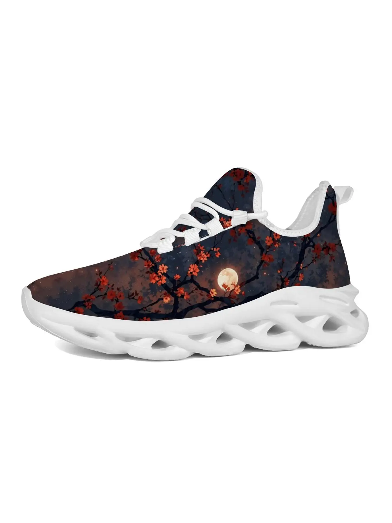 Cherry Blossom Moon Print Sneakers for Women, Japanese Sakura Night Sky Pattern Lightweight Breathable Running Shoes, White Blade Sole Casual Athletic Walking Shoes