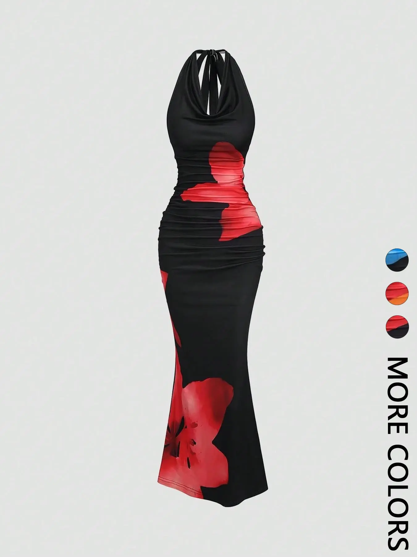 Women's Floral Halter Neck Long Dress, Ruched V-Neck Slim Fit Mermaid Tail, Elegant Formal Evening Wear, Perfect for Parties and Events, Elegant Party Dresses