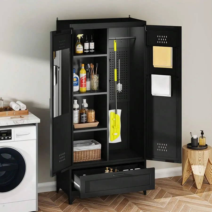 71" Metal Garage Broom Cabinets With Doors And Adjustable Shelves Tool Storage Cabinet With Drawer And Acrylic Mirror Garages, Offices, Gyms And Pantries
