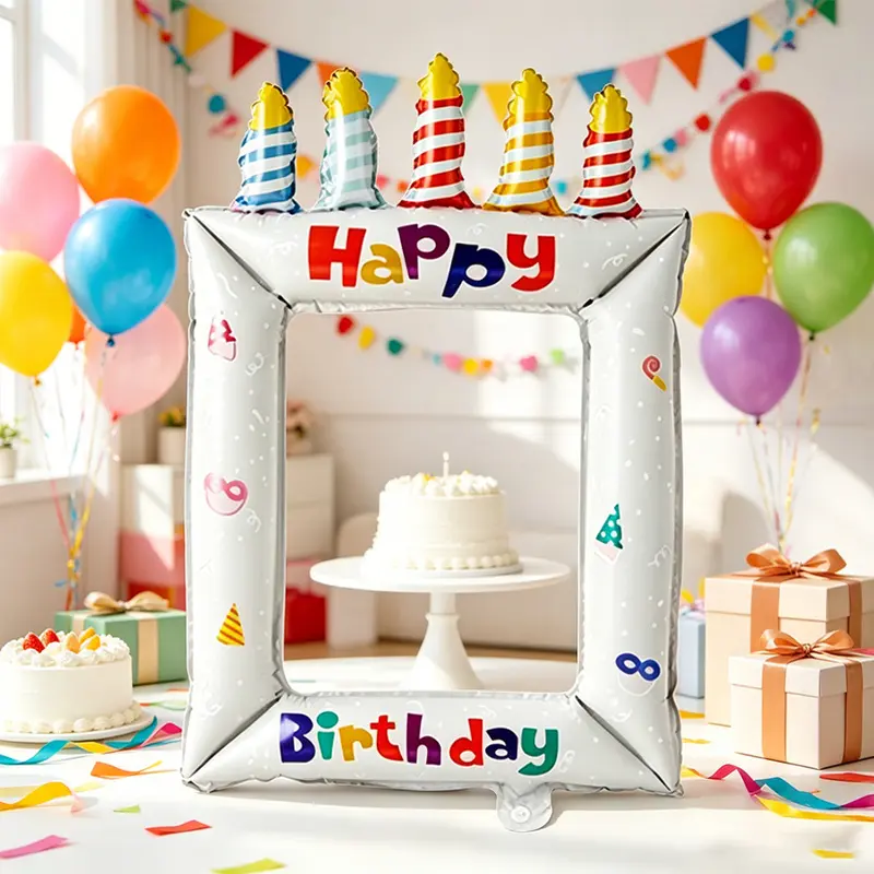 1pcs/set white candle birthday photo frame balloons, suitable for birthday party decoration, coming-of-age ceremony, first birthday, anniversary decoration, photo props, birthday, decorative balloons