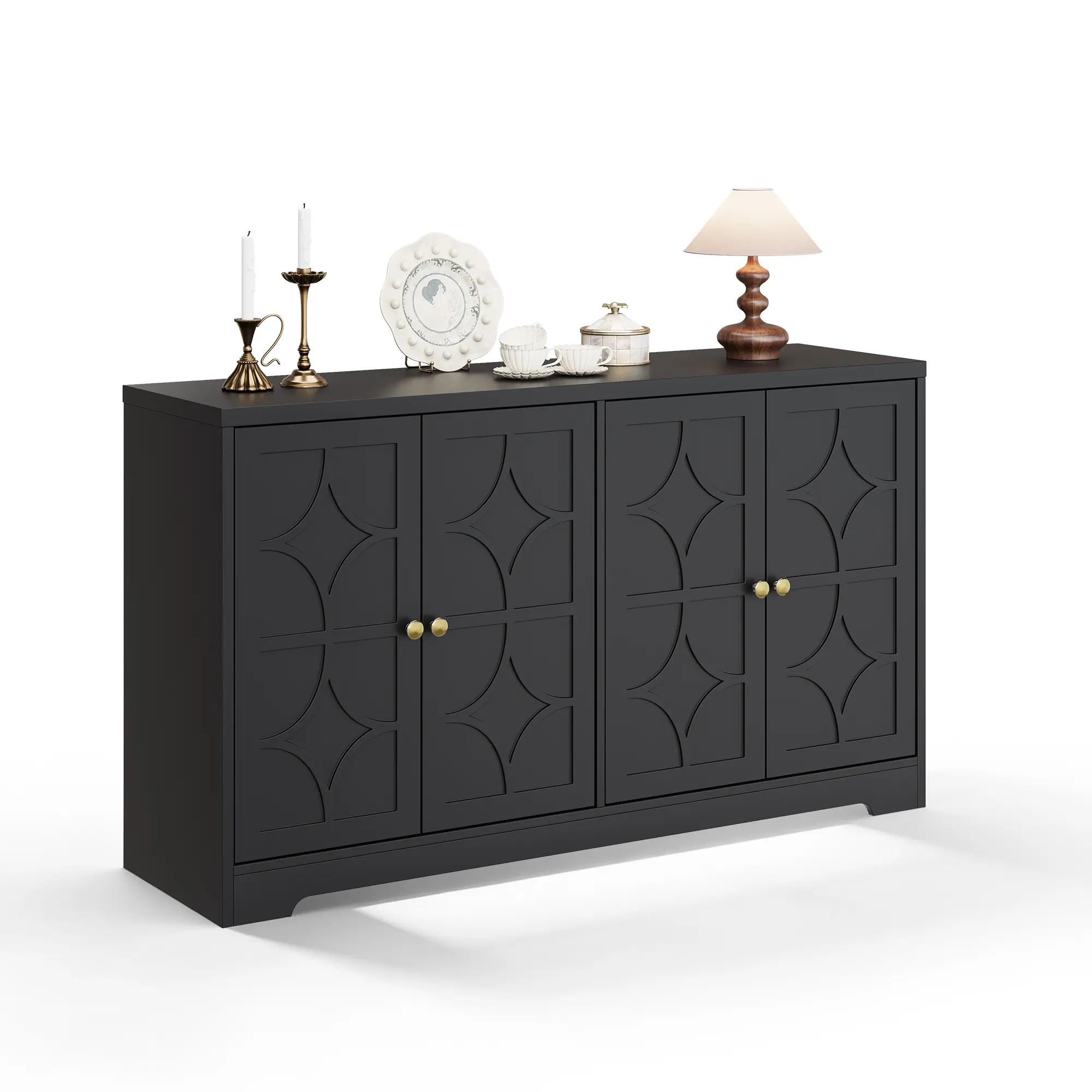 Modern Black Buffet Sideboard Cabinet with Storage - 55" Credenza, 4 Doors, Adjustable Shelves - Gold Handles, Versatile for Dining Room, Kitchen, Entryway, Coffee Bar
