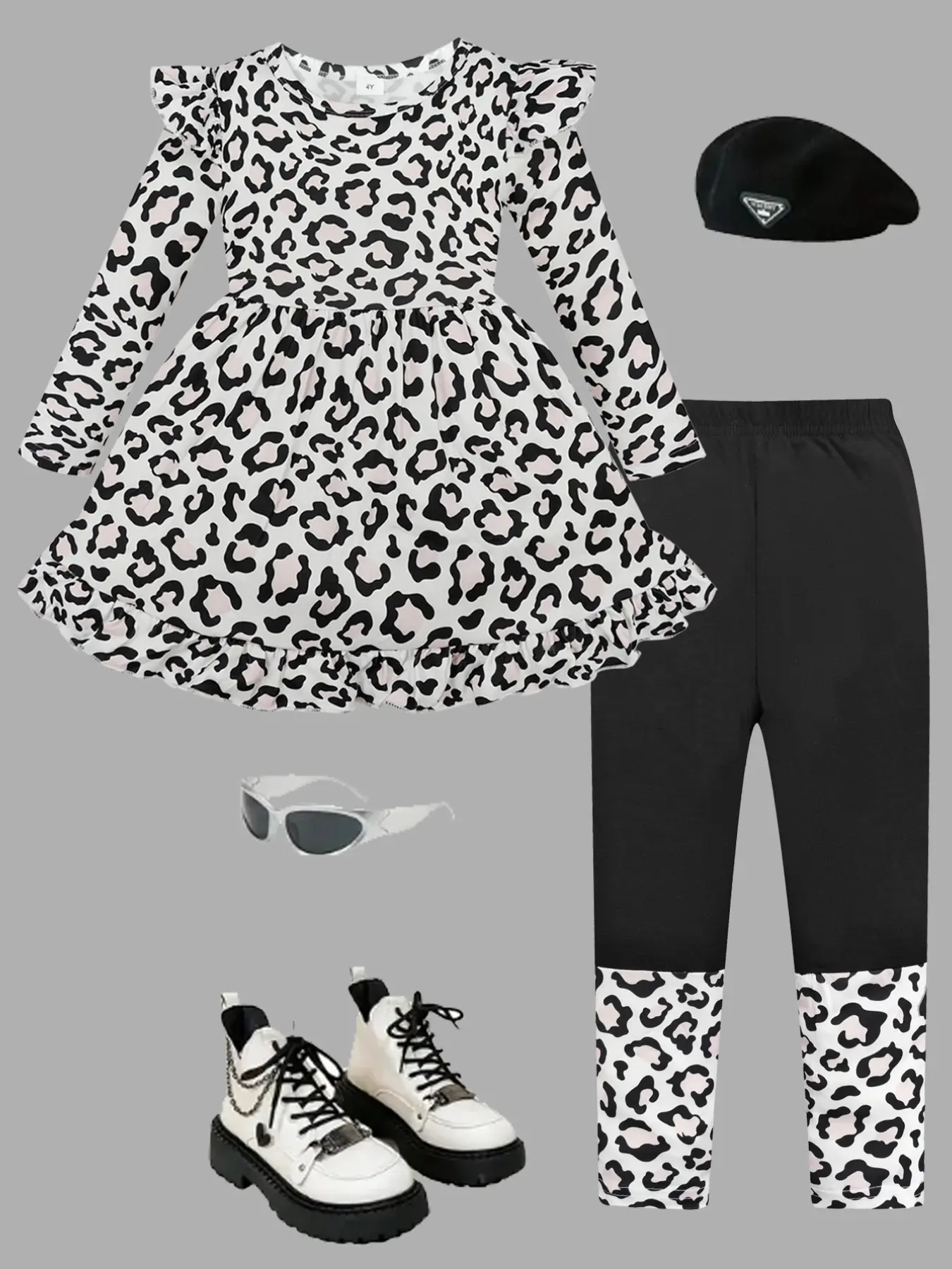 Girls' Two-Piece Set Dress and Pants, Leopard Print, Soft Comfortable Fabric, Casual Fall Winter, Ages 4-9, Tiktok Fashion, Fashion Style Sets
