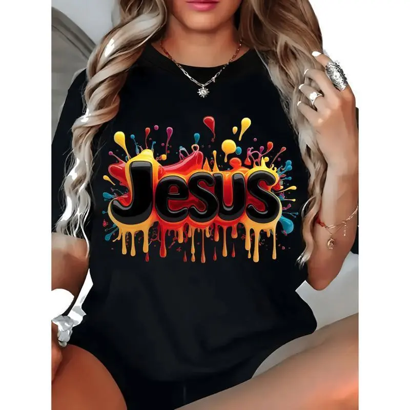 Women's Plus Size Baggy T-Shirt, Athletic Shortsleeve with a Vibrant Geometric Print for Casual Streetwear, Tshirt, Oversize, Colorful Style, Plus Size Basics, Digital Print, Loose-Fit, Tops, Street Chic, Korean, All Seasons, Bold Colors