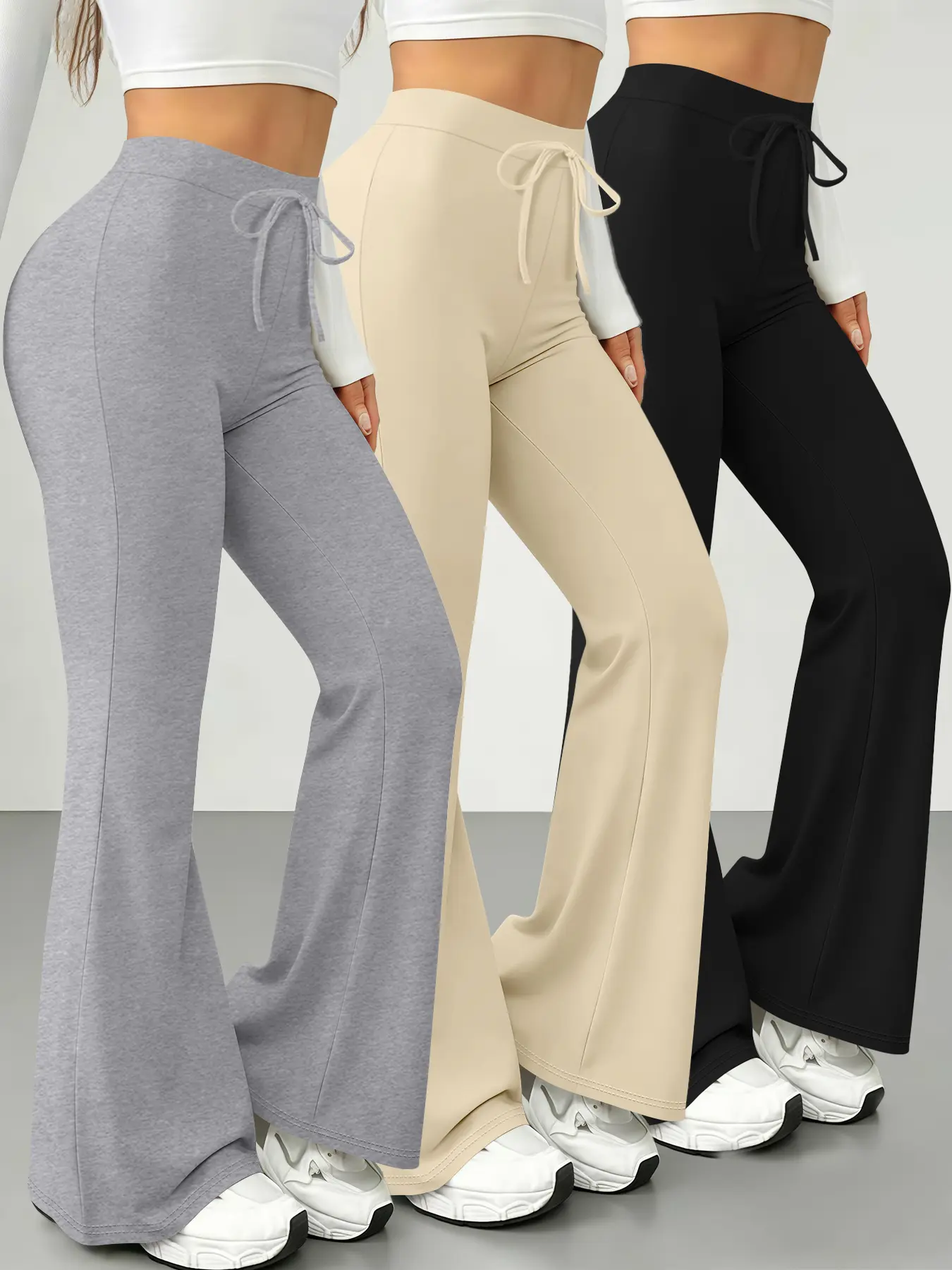 3-Pack Fashionable Women's High-Waisted Drawstring Flared Yoga Bottoms Set, American Hot Girl Style Flare Sweatpants, Fitness Flare Paylish Sports Style Women's Set Suitable for Daily Casual Wear