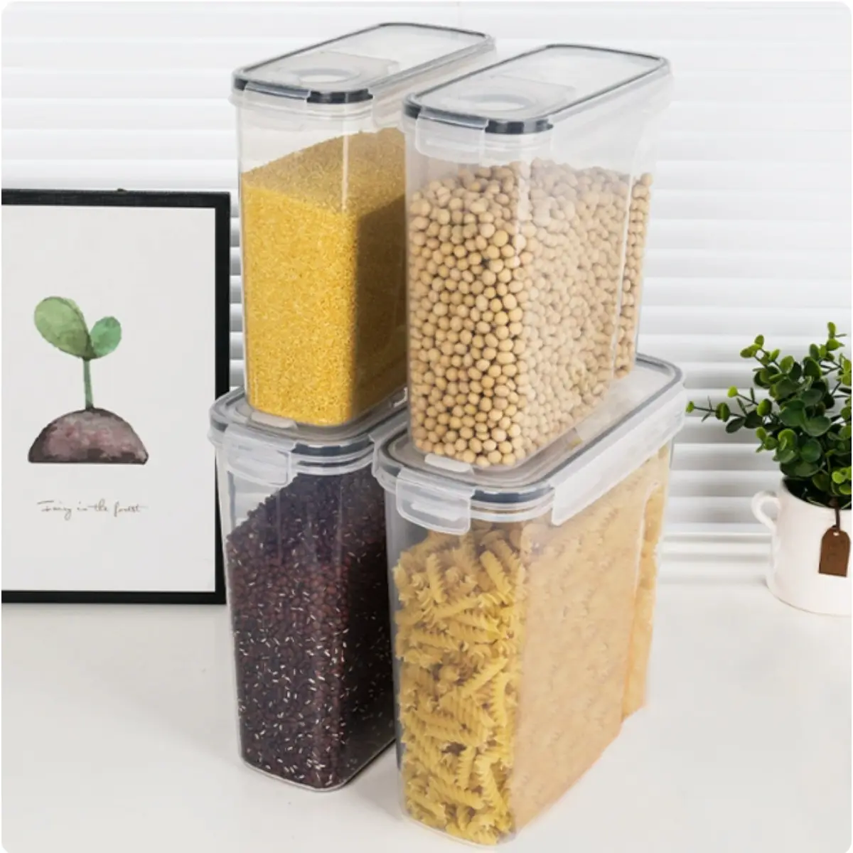 4pcs Set Large Capacity Airtight Food Storage Containers Ideal for Bulk Food Storage Bpa-Free Plastic Containers Pantry Storage Jars Perfect for Grains, Nuts, And Rice Kitchen Organization And Storage Kitchen Additions