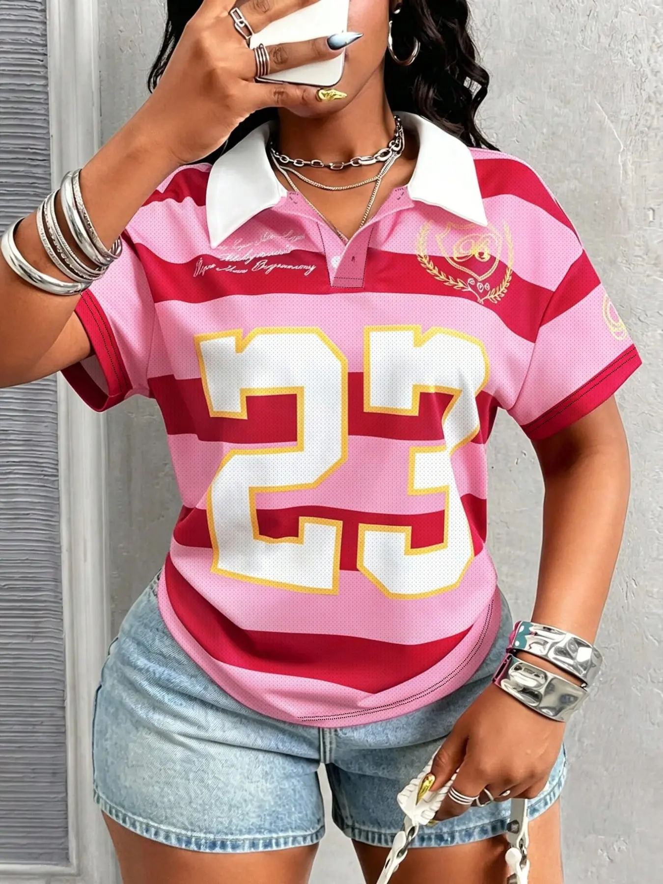 2026 TK Viral Y2K Women’s Striped Polo Shirt, Retro 23 Number Print Short Sleeve Jersey, Color Block Collared Tee, Breathable Mesh Fabric, Vintage Preppy Aesthetic, Casual Streetwear Top for Baddie Outfits, Daily Wear, School