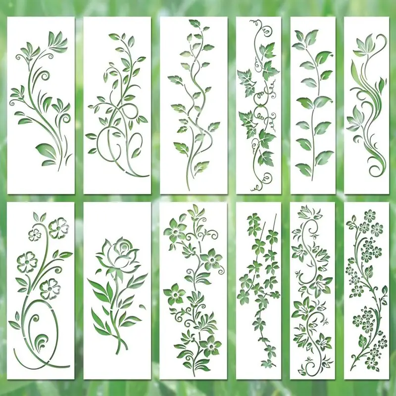 12-piece set of leaf and vine stencils, featuring reusable floral designs, suitable for spring-themed wall painting, crafts, and home decor wall art