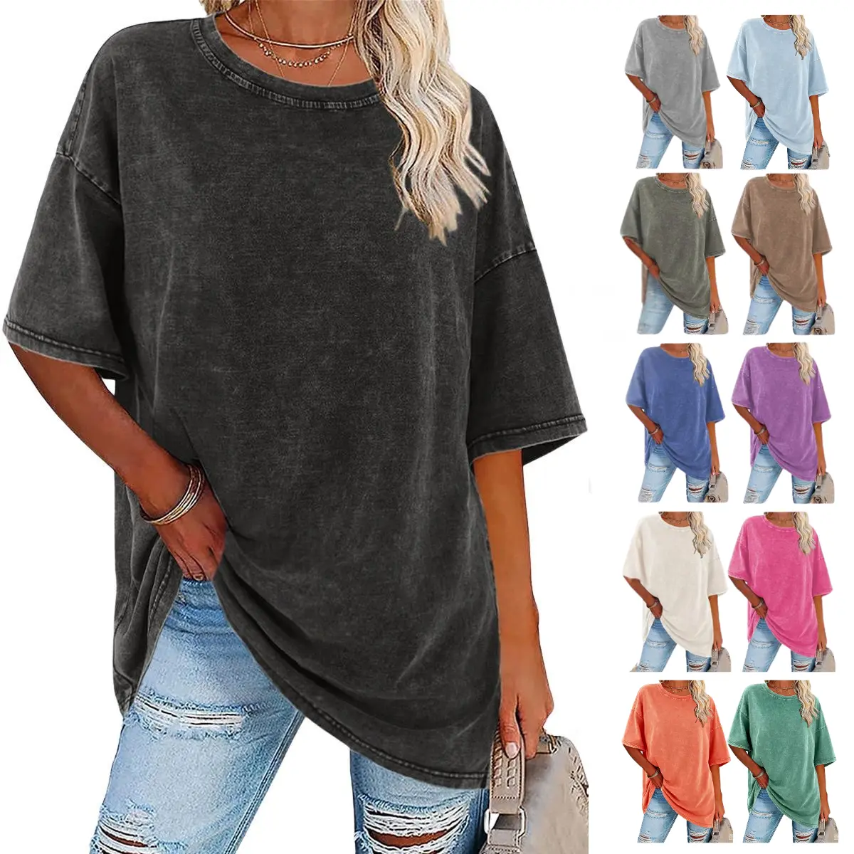 Wayii US Women Vintage Acid Wash Oversized Cotton T-Shirt  Casual Crew Neck Basic Tee Daily Streetwear Short Sleeve Top
