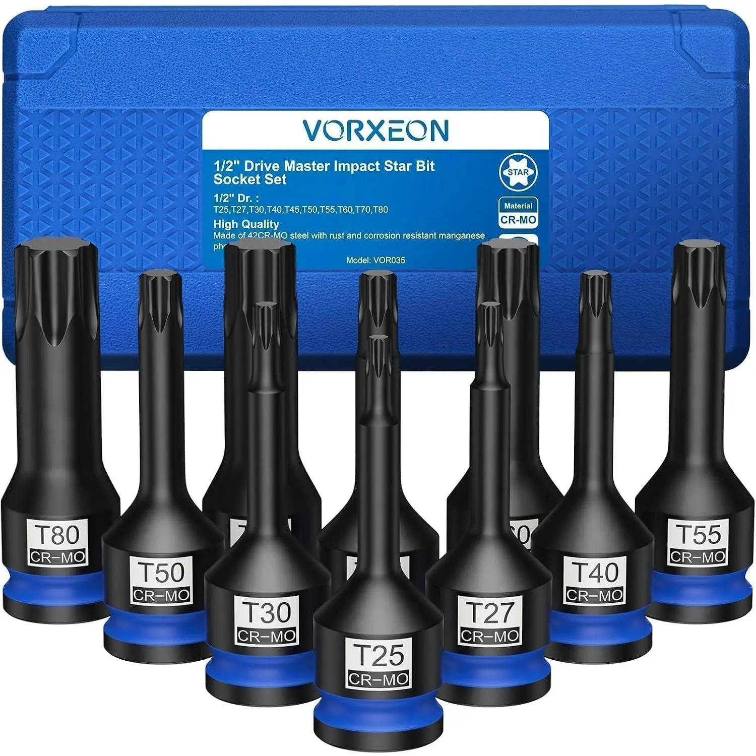 10 PCS 1/2" Drive Star Bit Set 42CRMO With Case, Torx T25 T27 T30 T40 T45 T50 T55 T60 T70 T80