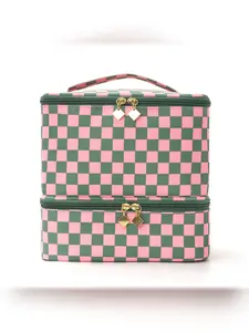 Velvet Two-Layer Makeup Bag, Checkered Nail Polish Organizer, Large Capacity Manicure Tool Kit, Portable Cosmetic Pouch, Easy Access & Stylish Storage