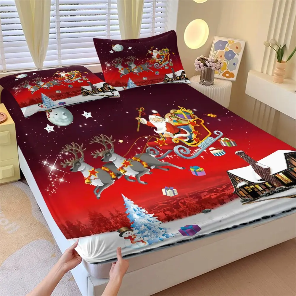 3 Piece Christmas Santa Sleigh Bed Sheet Set, Soft Bedding for Bedroom or Guest Room, Includes 1 Bed Sheet + 2 Pillowcases