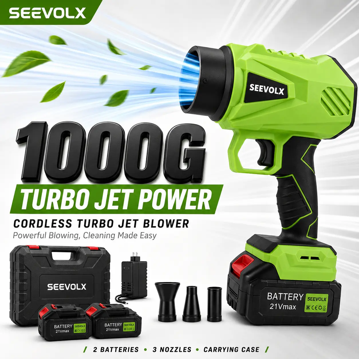 【DealsForYouDays】SEEVOLX Turbo Jet Blower with 2 Free Batteries, Cordless Leaf Blower, Violent Turbo Fan, Pure Copper Motor, Car Drying, Handheld Snow Blower, Air Duster, Home & Garden Holiday Gifts