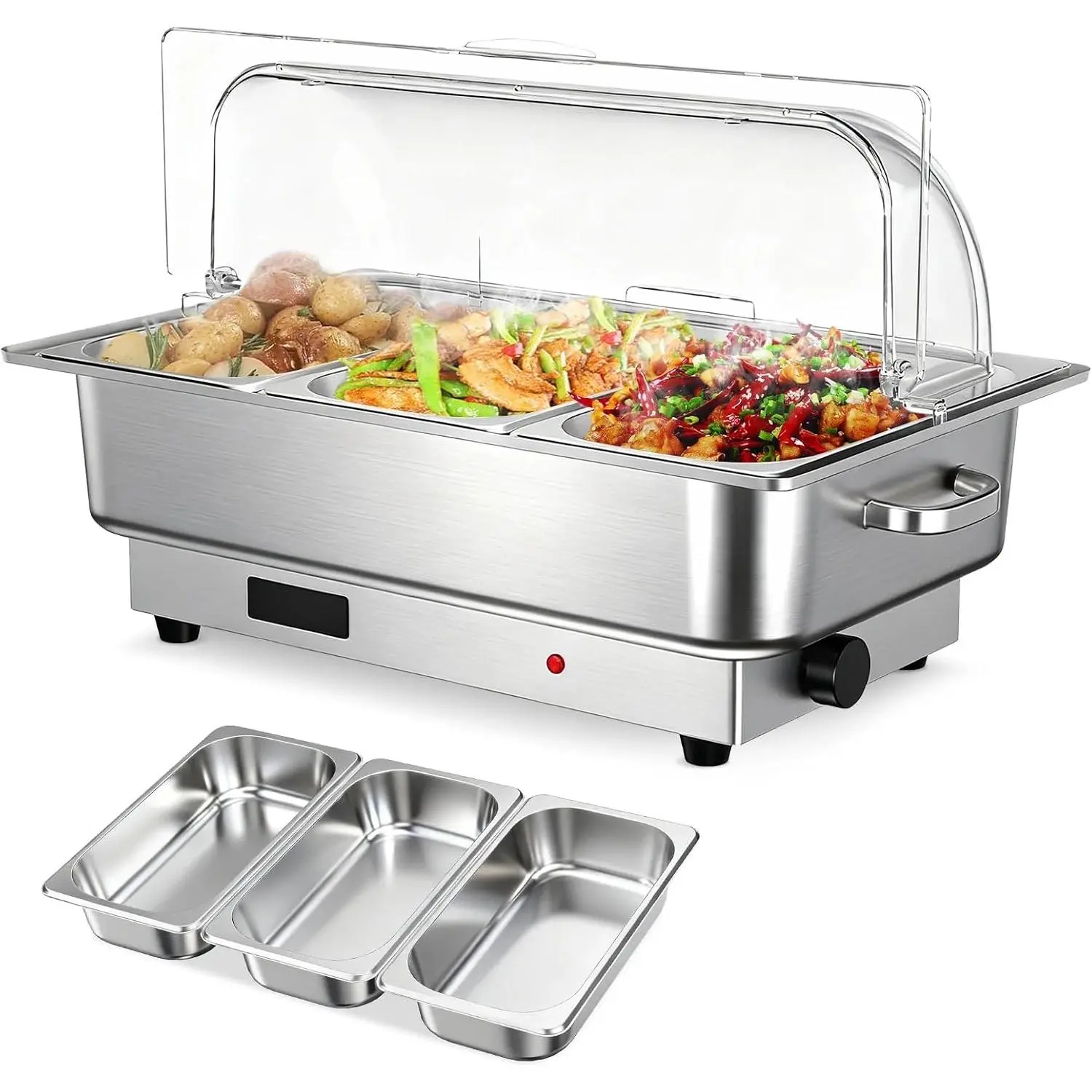 Electric Chafing Dish Buffet Set | 3 x 3 QT Stainless Steel Food Warmers, 600W Serving Tray Digital Temp Control for Parties Catering Weddings, Dishwasher Safe